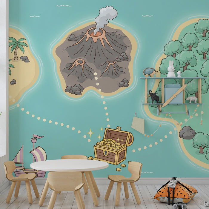 Papel pintado infantil | Mapa del tesoro con islas y barco pirata