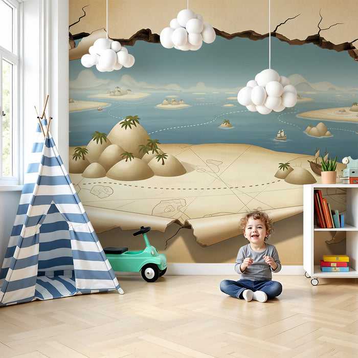 Papel pintado infantil | Mapa del tesoro con islas y barcos