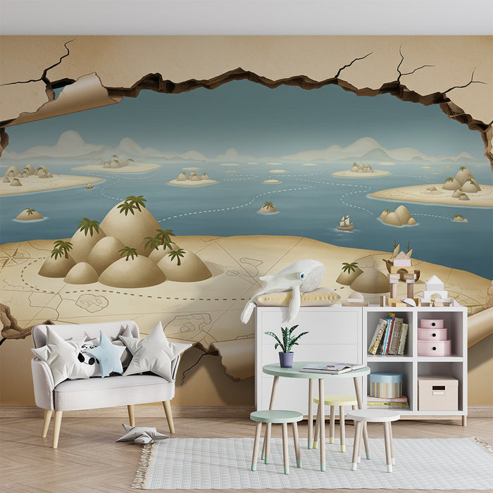 Papel pintado infantil | Mapa del tesoro con islas y barcos