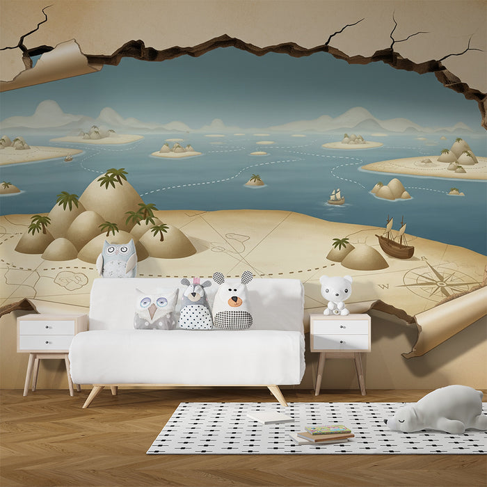 Papel pintado infantil | Mapa del tesoro con islas y barcos