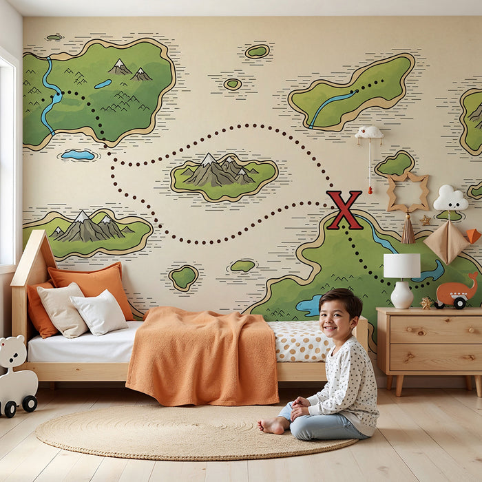 Papel de parede para quarto de criança | Mapa do tesouro com ilhas e montanhas