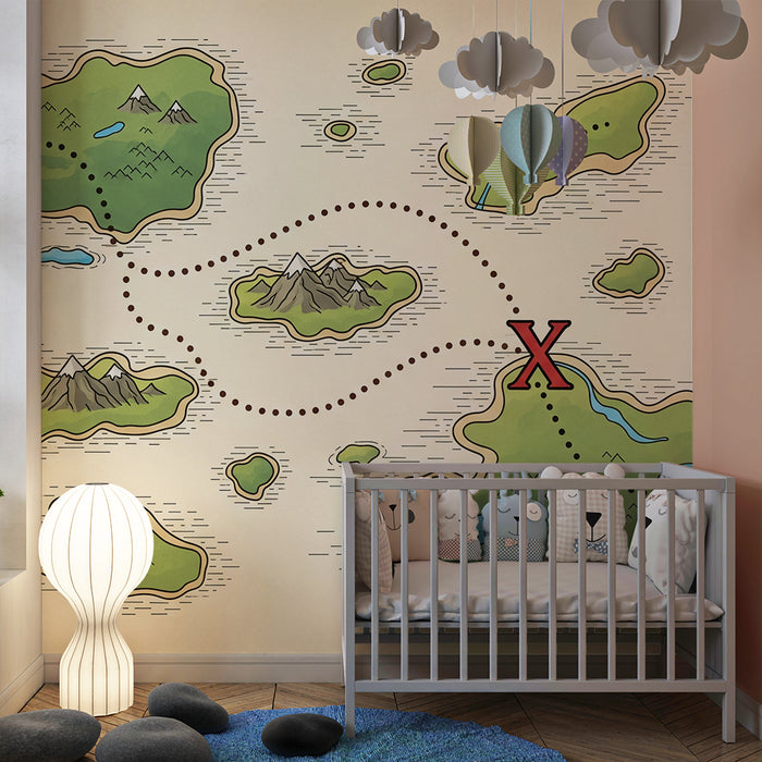 Papel de parede para quarto de criança | Mapa do tesouro com ilhas e montanhas