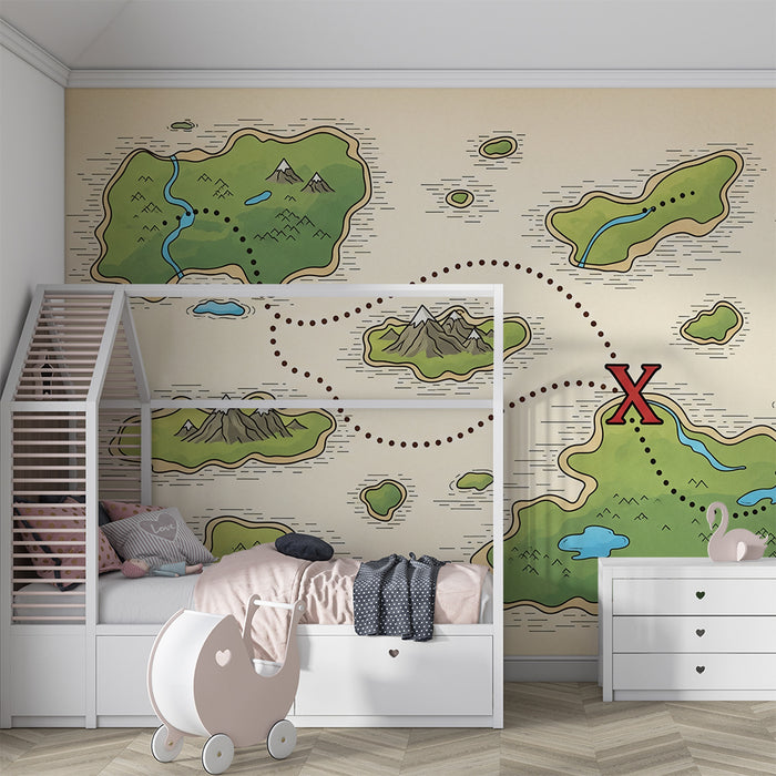 Papel de parede para quarto de criança | Mapa do tesouro com ilhas e montanhas