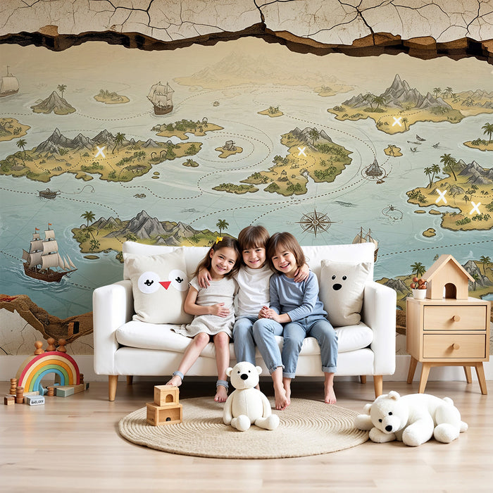 Papel de parede infantil | Mapa do tesouro com ilhas e navios