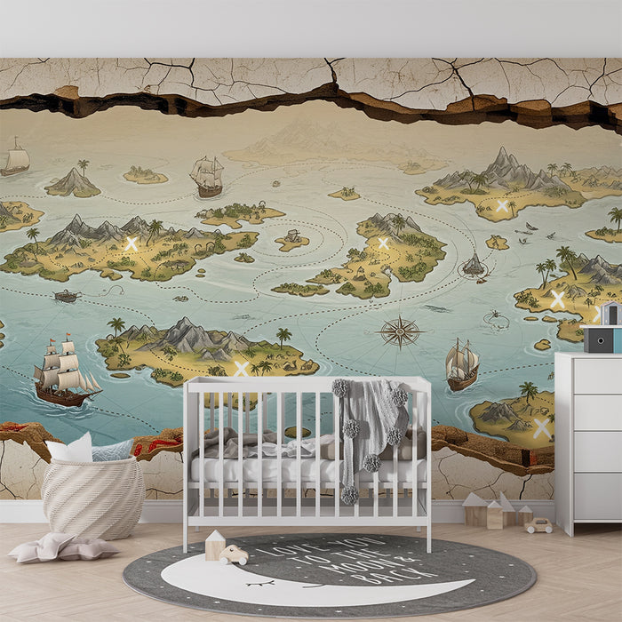 Papel de parede infantil | Mapa do tesouro com ilhas e navios