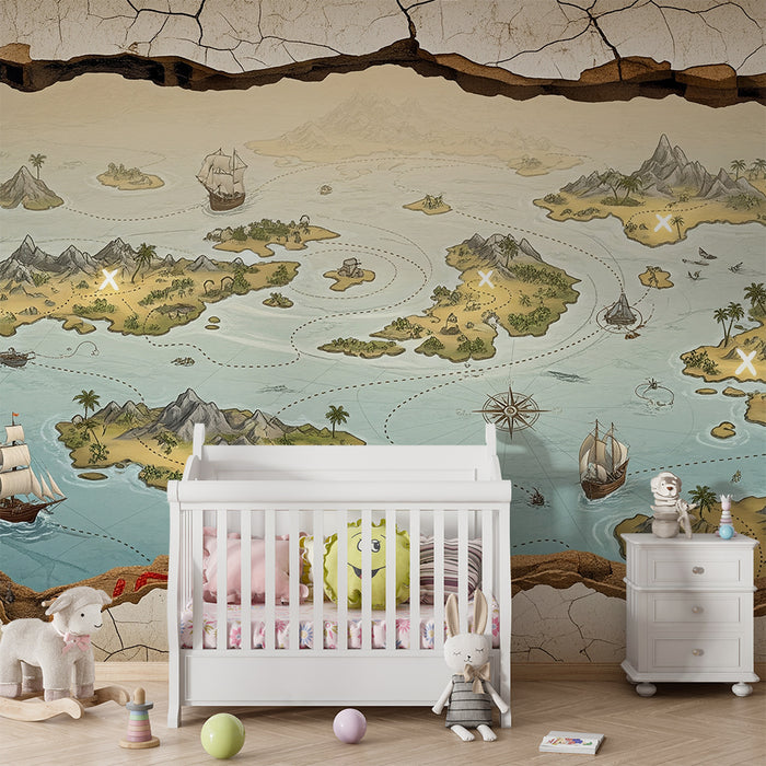 Papel de parede infantil | Mapa do tesouro com ilhas e navios