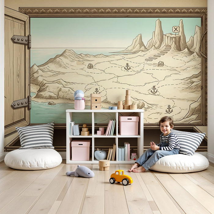 Papel de parede para quarto infantil | Mapa do tesouro com ilhas e trilhos de aventura