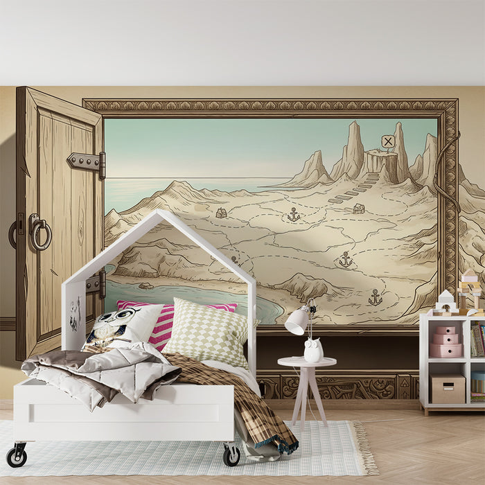 Papel de parede para quarto infantil | Mapa do tesouro com ilhas e trilhos de aventura