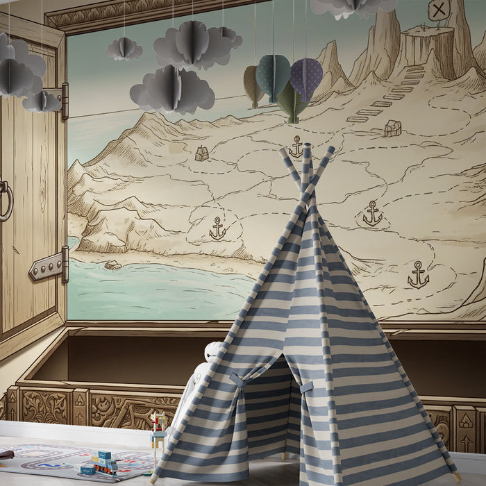 Papel de parede para quarto infantil | Mapa do tesouro com ilhas e trilhos de aventura