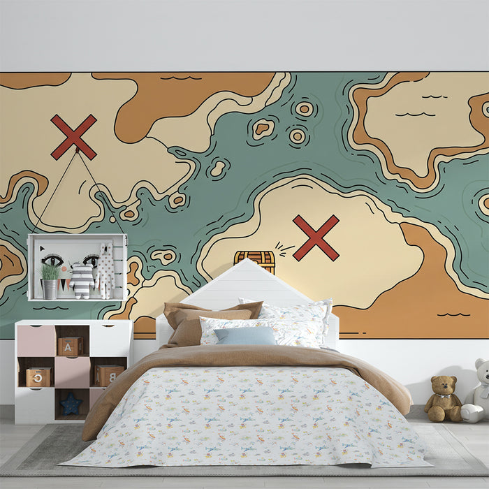 Papel de parede para quarto de criança | Mapa do tesouro com ilhas misteriosas e cruzes vermelhas