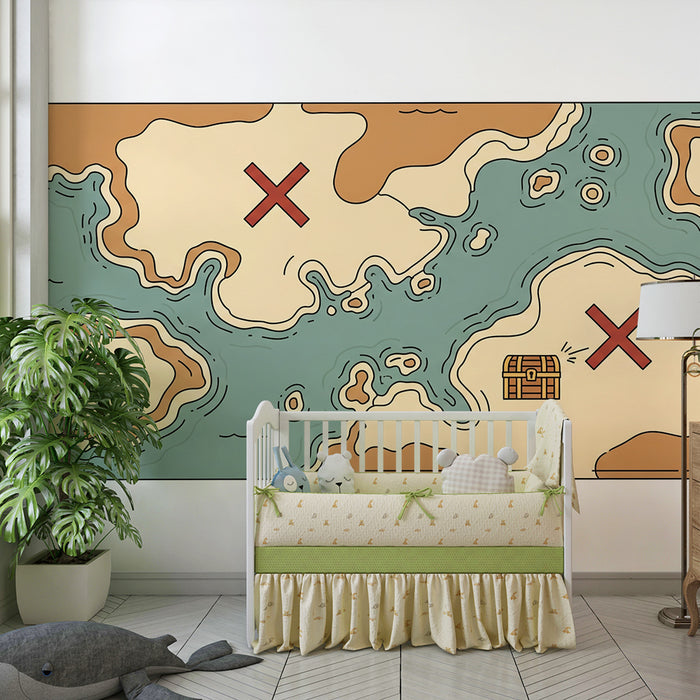 Papel de parede para quarto de criança | Mapa do tesouro com ilhas misteriosas e cruzes vermelhas