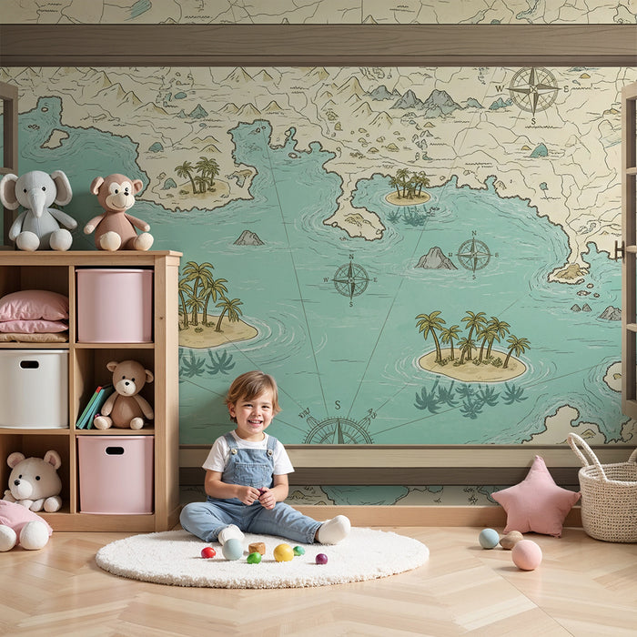 Papel de parede para quarto infantil | Mapa do tesouro com ilhas tropicais e palmeiras