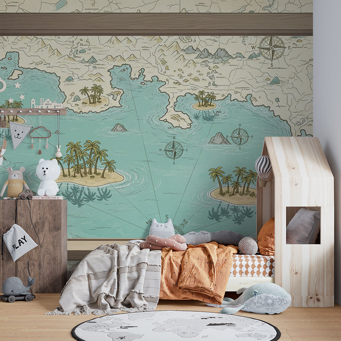 Papel de parede para quarto infantil | Mapa do tesouro com ilhas tropicais e palmeiras