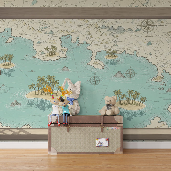 Papel de parede para quarto infantil | Mapa do tesouro com ilhas tropicais e palmeiras