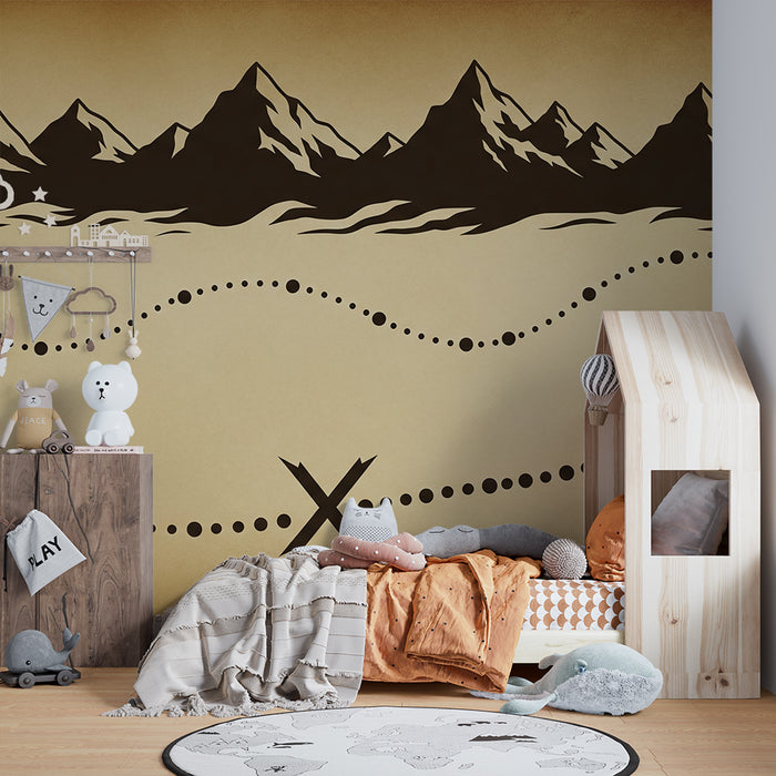 Kids' Room Wallpaper | Treasure Map with Mountains and Mysterious Paths