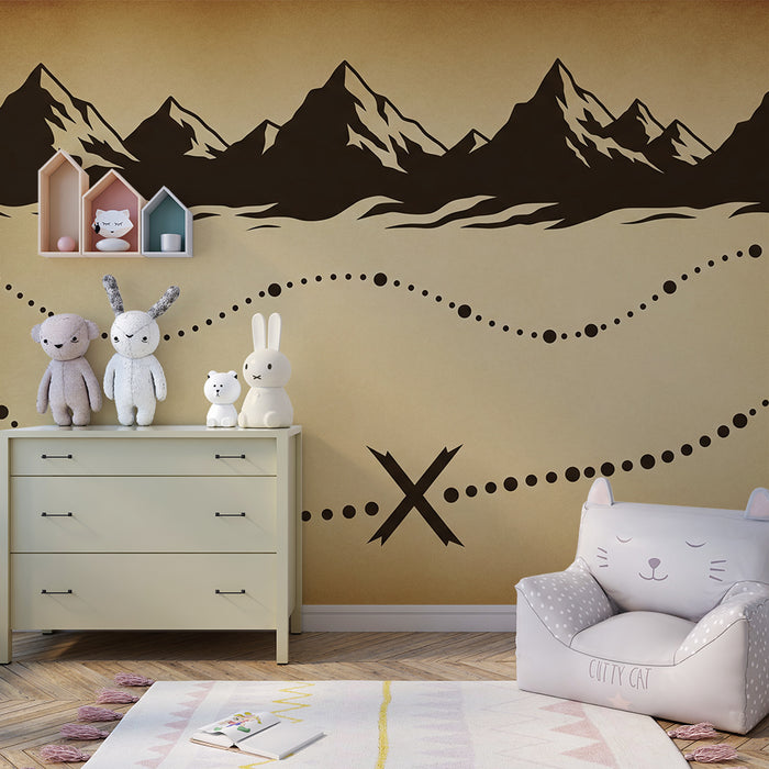 Kids' Room Wallpaper | Treasure Map with Mountains and Mysterious Paths
