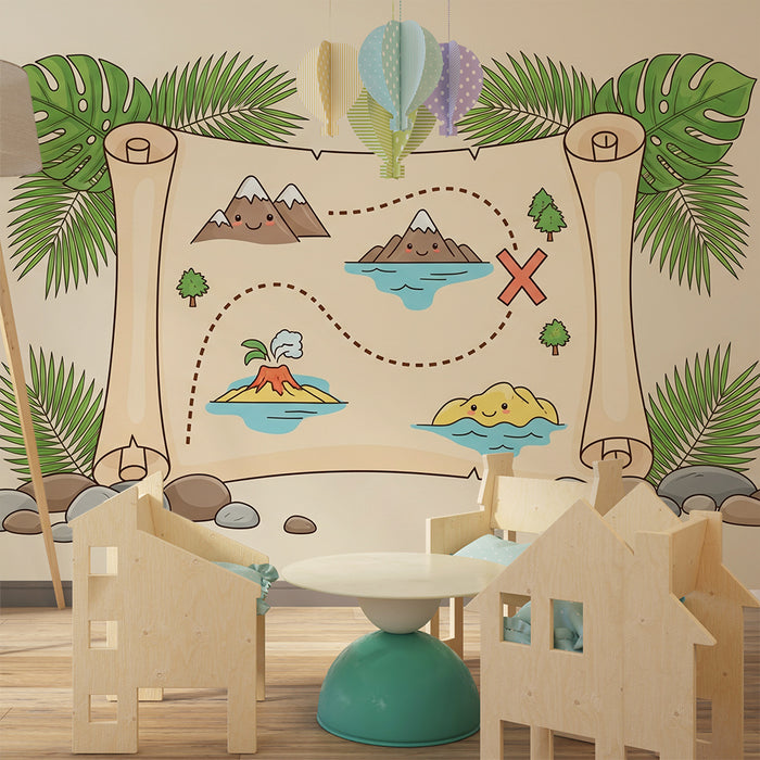 Papel de parede para quarto de criança | Mapa do tesouro com montanhas e vulcões coloridos