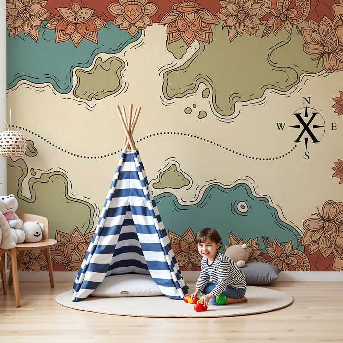 Papel de parede para quarto de criança | Mapa do tesouro com motivos florais e paisagens marítimas