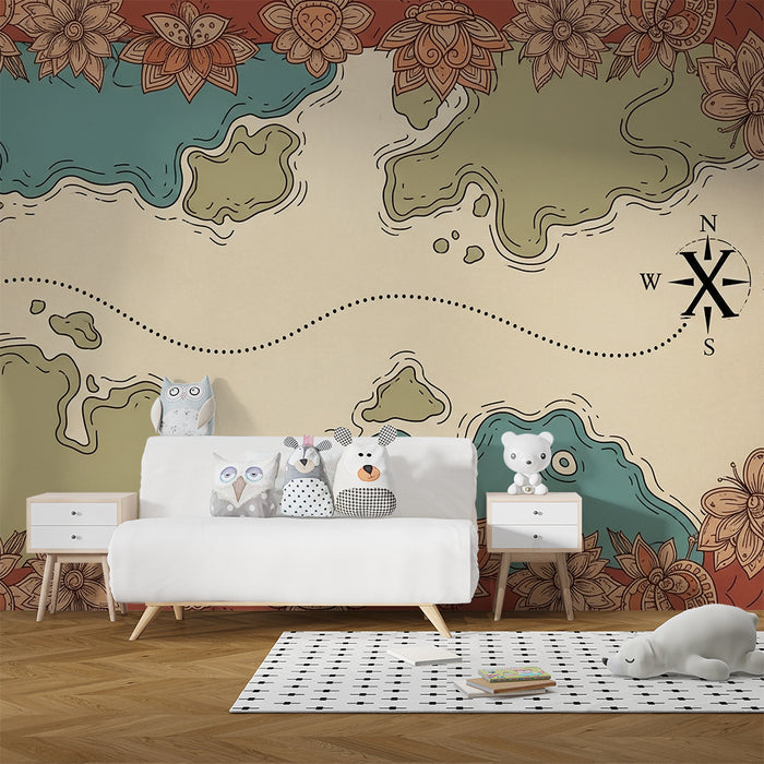 Papel de parede para quarto de criança | Mapa do tesouro com motivos florais e paisagens marítimas