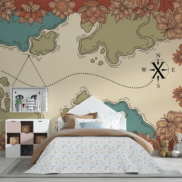 Papel de parede para quarto de criança | Mapa do tesouro com motivos florais e paisagens marítimas