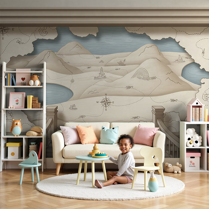 Papel de parede para quarto infantil | Mapa do tesouro com paisagens e aventuras marítimas