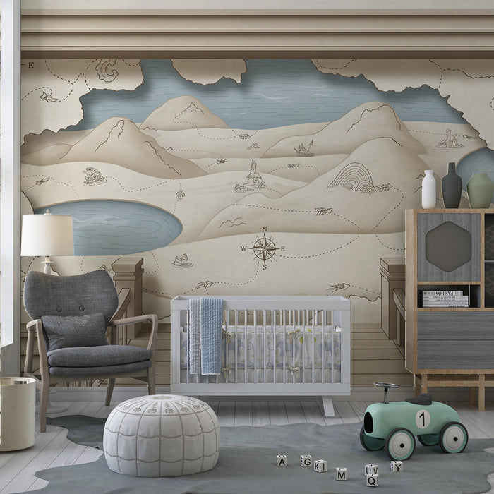 Papel de parede para quarto infantil | Mapa do tesouro com paisagens e aventuras marítimas