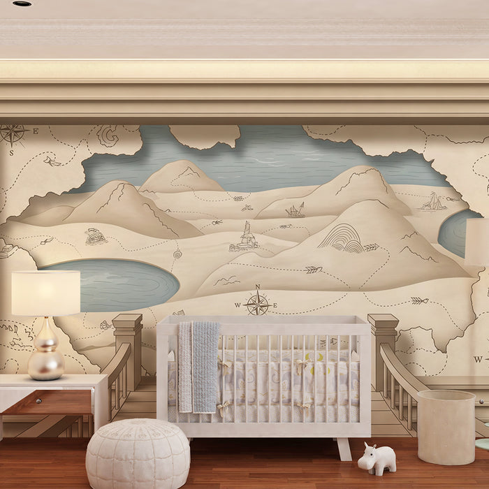 Papel de parede para quarto infantil | Mapa do tesouro com paisagens e aventuras marítimas