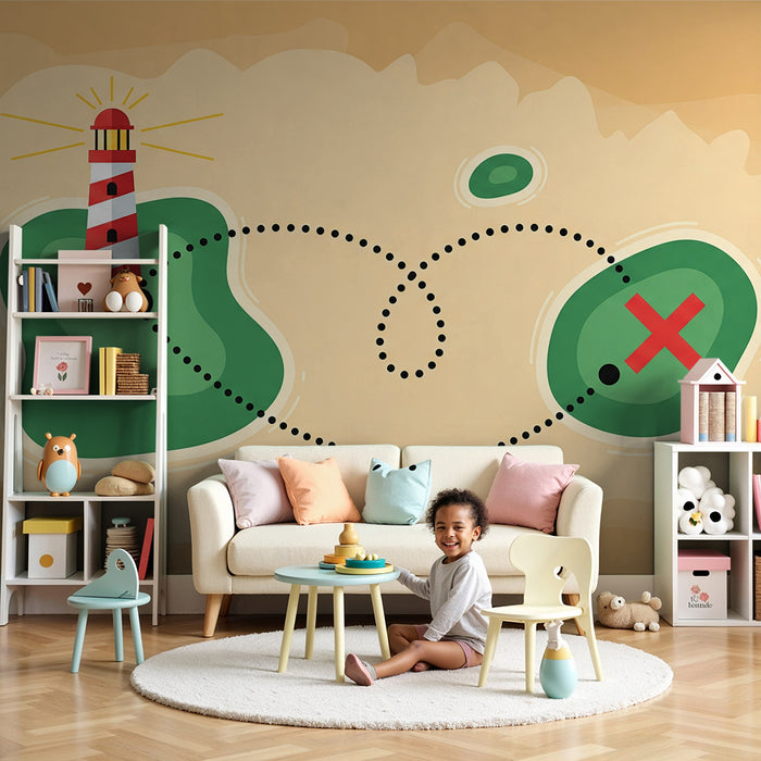 Papel de parede infantil | Mapa do tesouro com farol e ilhas misteriosas