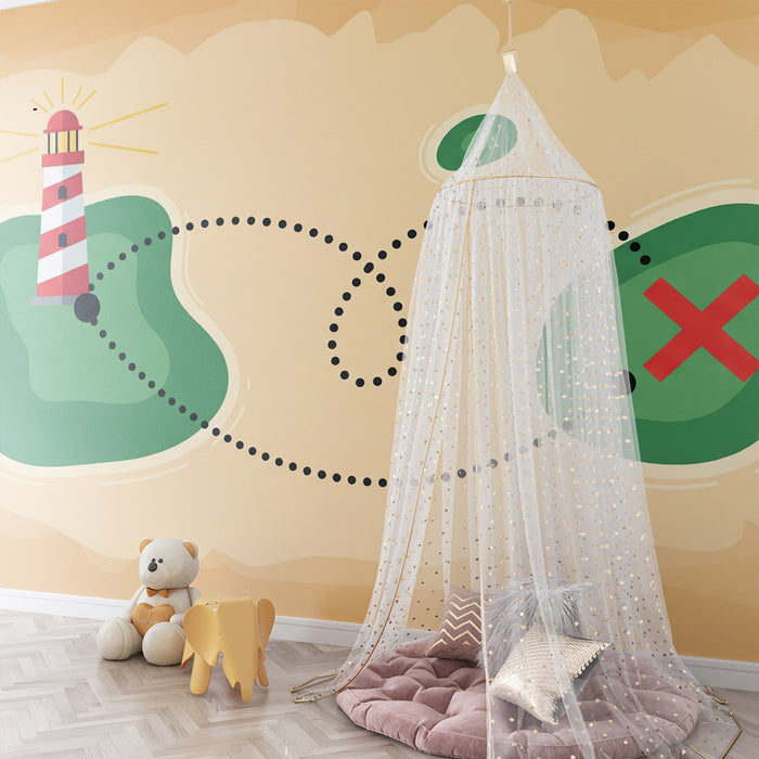 Papel de parede infantil | Mapa do tesouro com farol e ilhas misteriosas