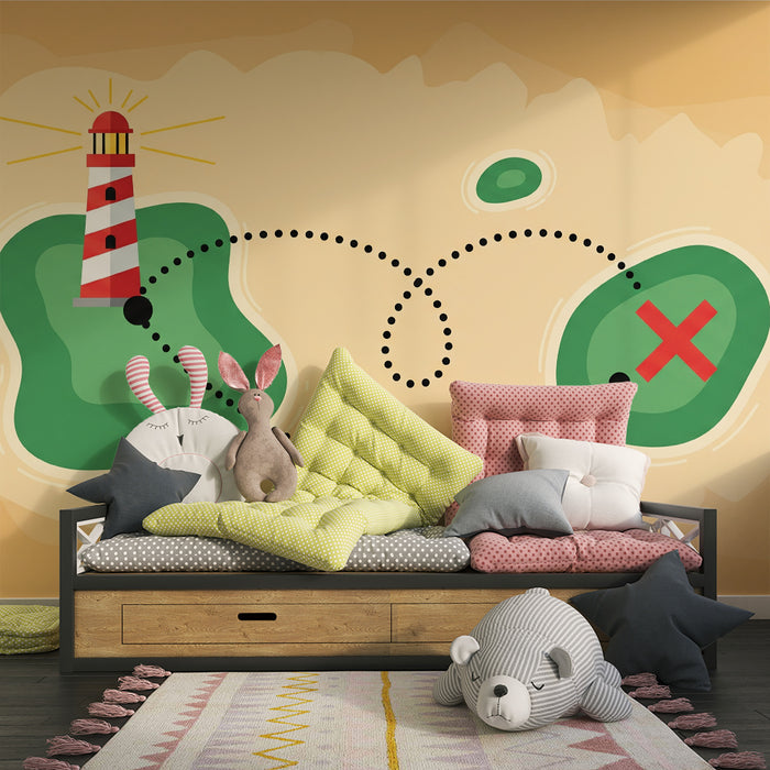 Papel de parede infantil | Mapa do tesouro com farol e ilhas misteriosas