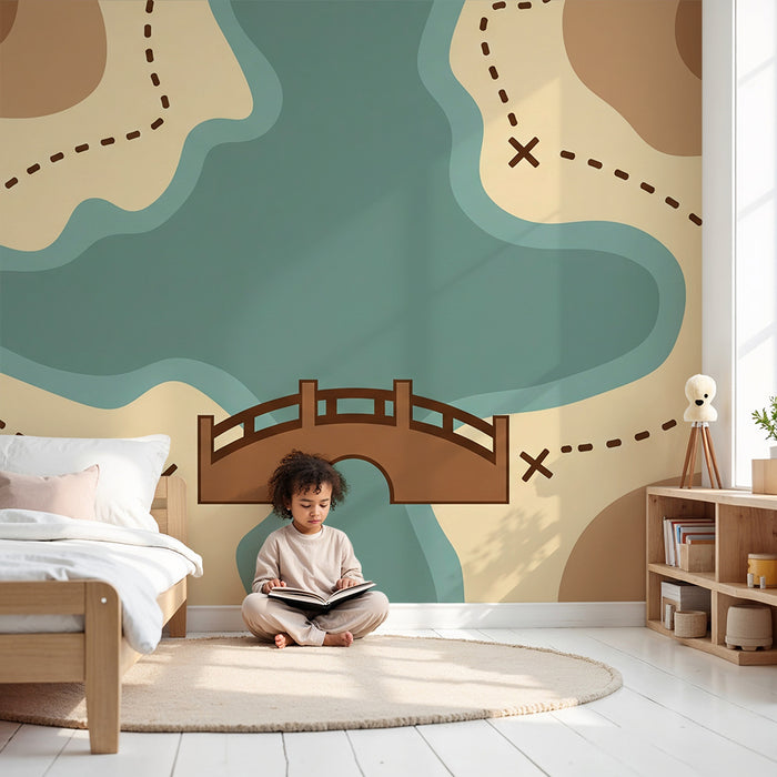 Papel de parede para quarto de criança | Mapa do tesouro com ponte e caminhos sinuosos