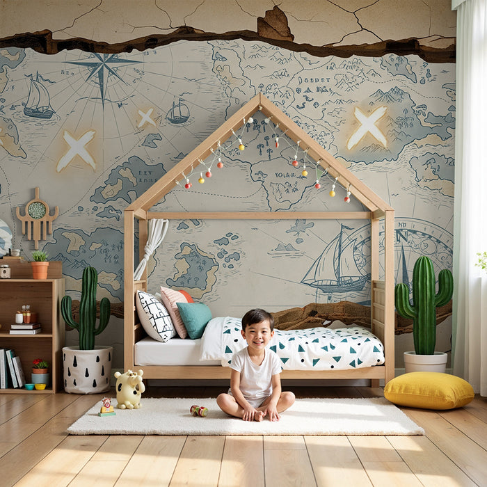 Kids' bedroom wallpaper | Treasure map with sailboats and mysterious islands