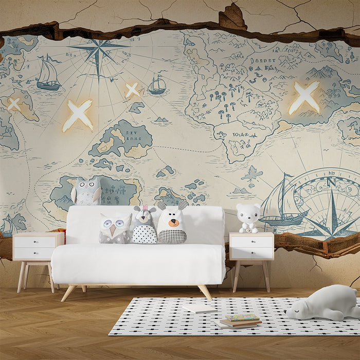 Kids' bedroom wallpaper | Treasure map with sailboats and mysterious islands