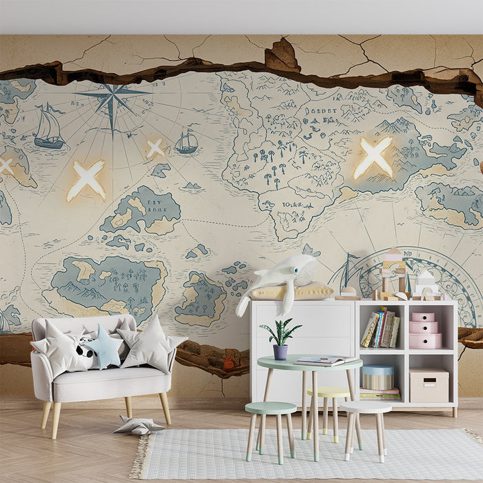 Kids' bedroom wallpaper | Treasure map with sailboats and mysterious islands