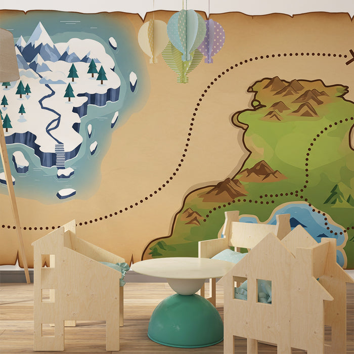 Papel de parede para quarto de criança | Mapa de tesouro aventureiro com montanhas e glaciares
