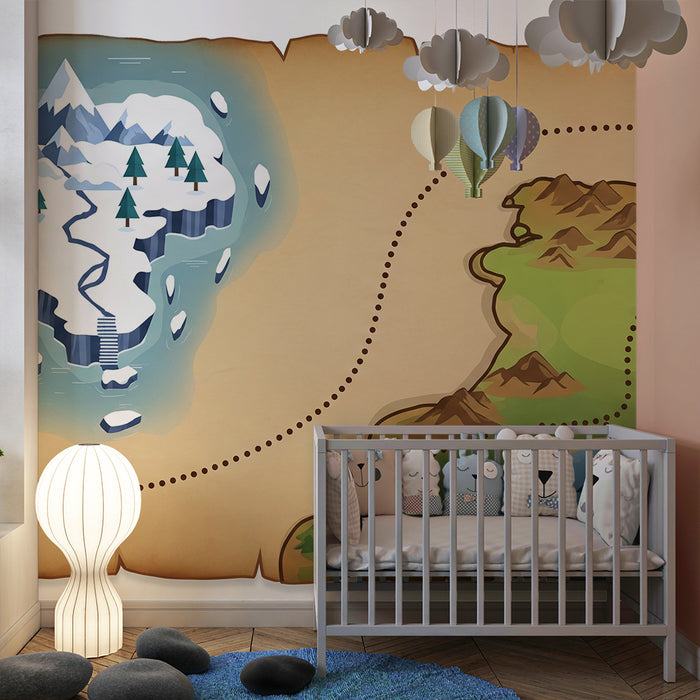 Papel de parede para quarto de criança | Mapa de tesouro aventureiro com montanhas e glaciares