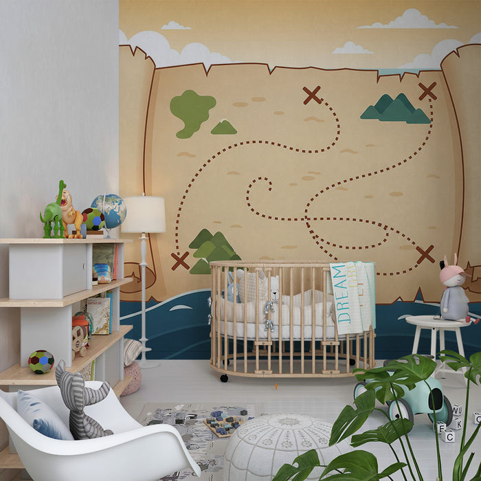 Papel de parede para quarto de criança | Mapa do tesouro colorido com ilhas e oceanos