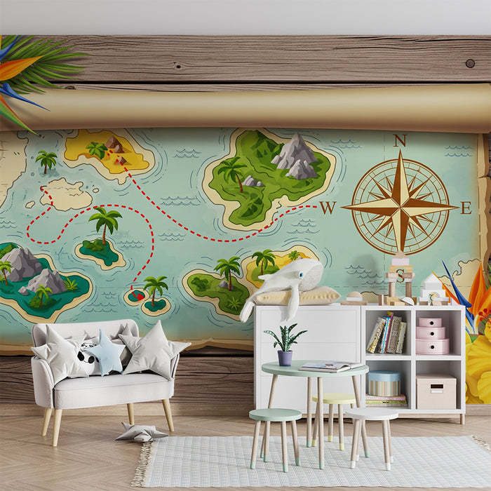 Papel de parede para quarto de criança | Mapa do tesouro colorido com ilhas e palmeiras