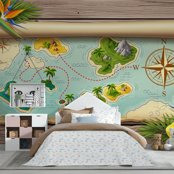 Papel de parede para quarto de criança | Mapa do tesouro colorido com ilhas e palmeiras