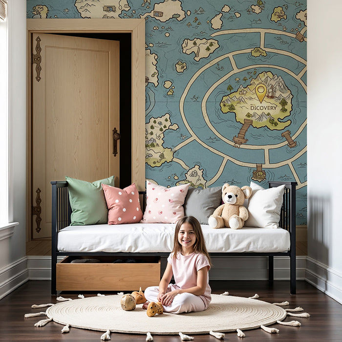 Papel de parede para quarto infantil | Mapa do tesouro colorido para a aventura