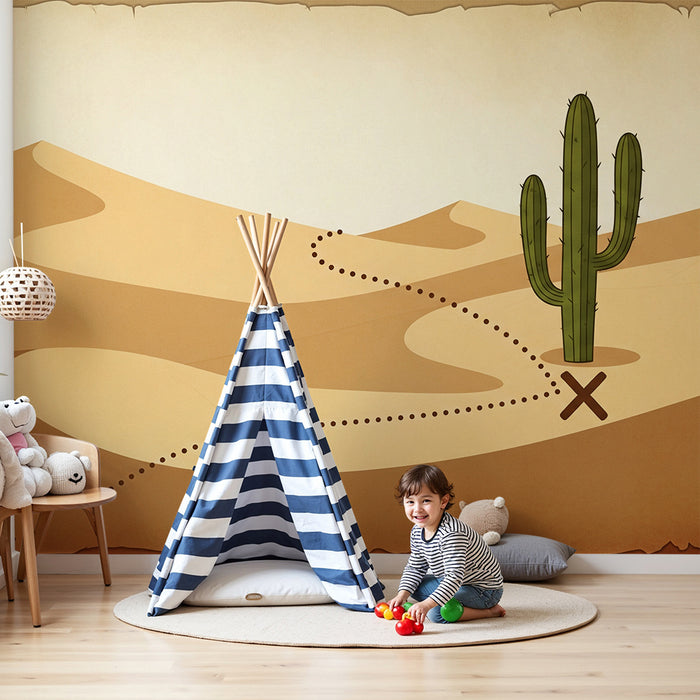 Papel de parede para quarto de criança | Mapa do tesouro no deserto com cactos e dunas de areia