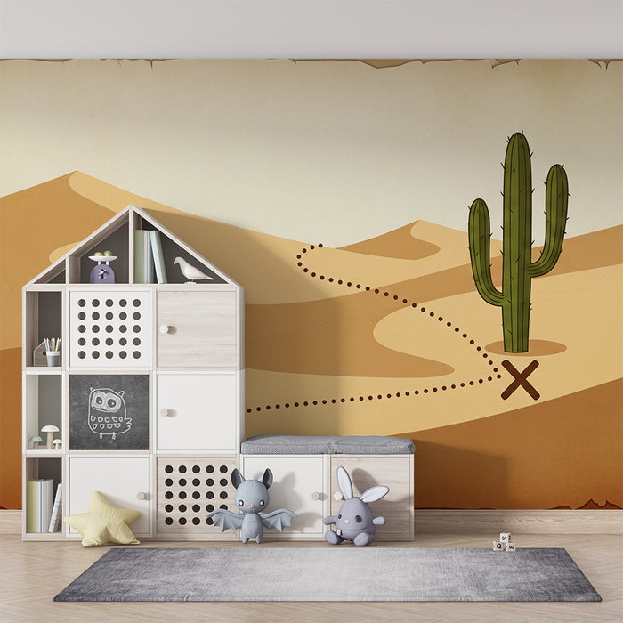 Papel de parede para quarto de criança | Mapa do tesouro no deserto com cactos e dunas de areia