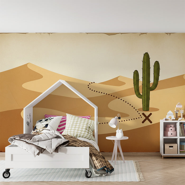 Papel de parede para quarto de criança | Mapa do tesouro no deserto com cactos e dunas de areia