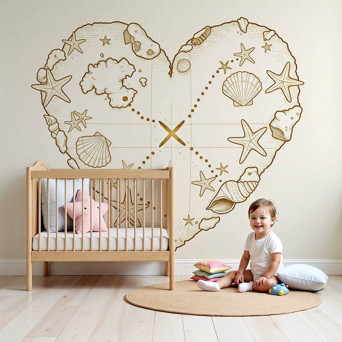 Papel de parede para quarto de criança | Mapa do tesouro em forma de coração com conchas e estrelas-do-mar