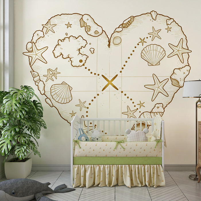 Papel de parede para quarto de criança | Mapa do tesouro em forma de coração com conchas e estrelas-do-mar