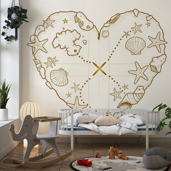 Papel de parede para quarto de criança | Mapa do tesouro em forma de coração com conchas e estrelas-do-mar