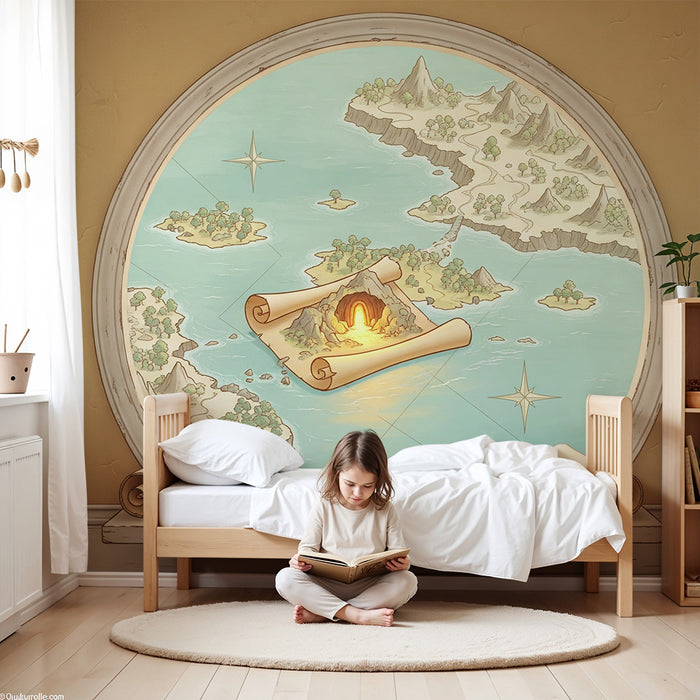Papel de parede para quarto infantil | Mapa do tesouro e ilhas misteriosas para uma aventura marítima