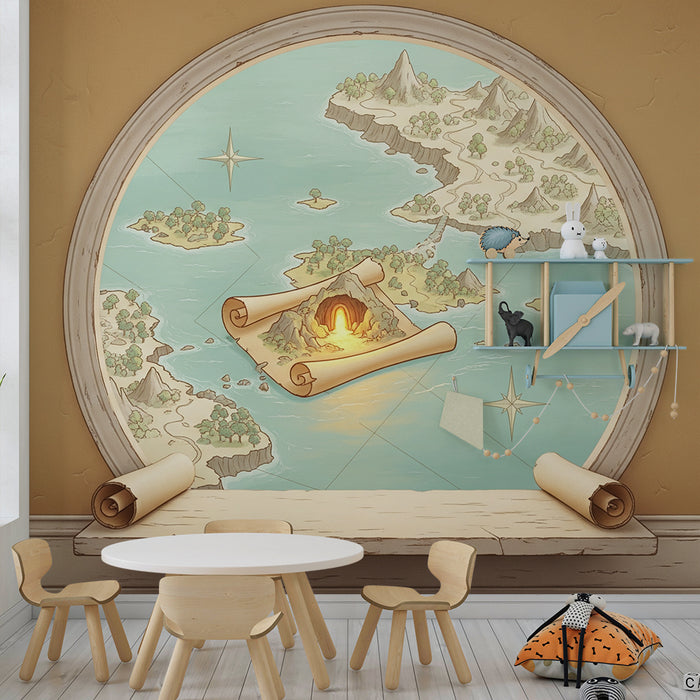 Papel de parede para quarto infantil | Mapa do tesouro e ilhas misteriosas para uma aventura marítima