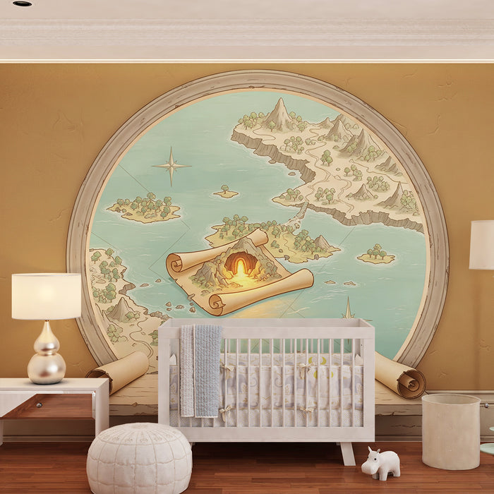 Papel de parede para quarto infantil | Mapa do tesouro e ilhas misteriosas para uma aventura marítima
