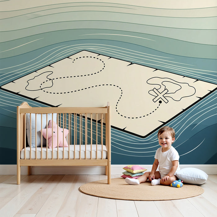 Kids' Room Wallpaper | Floating Treasure Map on Ocean Background